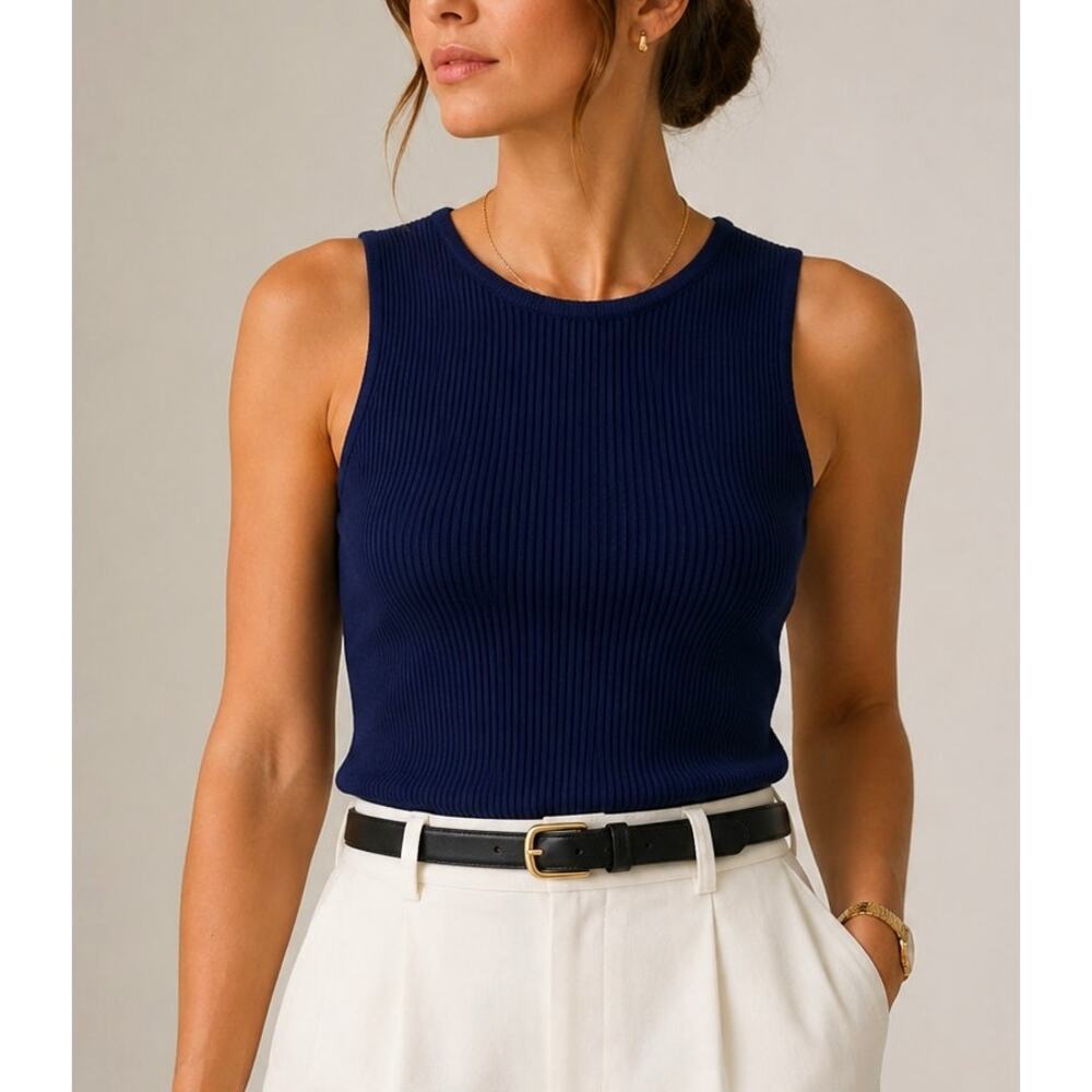 House of Harlow Womens Ribbed Knit Tank Top Medium Navy Blue Quiet Luxury Layer
